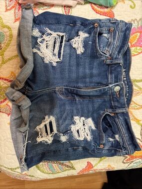 American Eagle Outfitters Distressed Blue Denim Shorts with Frayed Rips